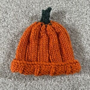 Handmade Knit Pumpkin Beanie Orange Fall Halloween Baby Toddler Hat